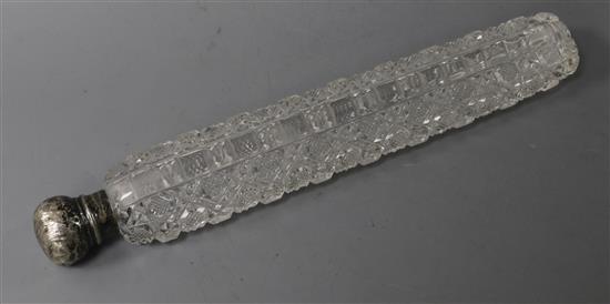 A late Victorian silver topped cut glass scent bottle, William Harrison Walter, London, 1890?, 26cm.